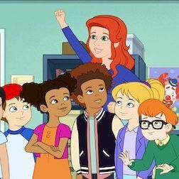 kelompok animasi anak-anak yang beragam dengan guru berambut merah