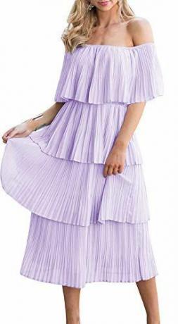 ETCYY Wanita Off The Shoulder Summer Chiffon Berjenjang Ruffle Lipit Casual Midi Dress Purple