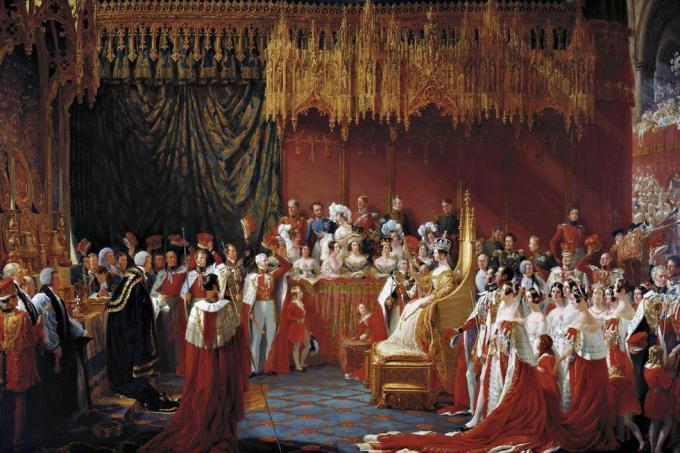 2bpb1w5 lukisan penobatan ratu victoria dari inggris penobatan ratu victoria di biara westminster, 28 Juni 1838 oleh sir george hayter, minyak di atas kanvas, 1839