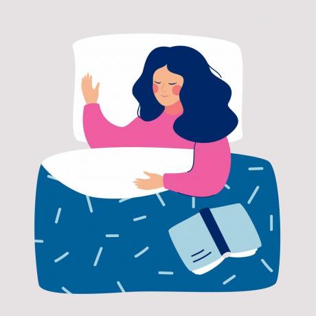 wanita tidur di malam hari di tempat tidurnya dengan ilustrasi vektor buku terbuka