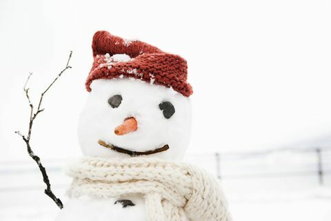 manusia salju mengenakan topi dan syal dengan hidung wortel dan lengan tongkat