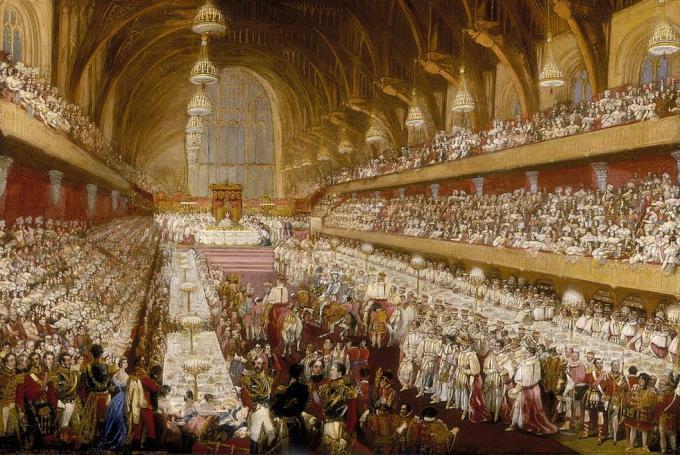 perjamuan penobatan raja george iv di aula westminster, 1821 dua baris meja di kedua sisi aula ditempati oleh rekan-rekan sebaya dan bangsawan duduk di dua tingkat di atas, dan tidak mengambil bagian dalam perjamuan itu sendiri. Raja duduk di meja paling atas, dengan orang-orang yang menunggang kuda termasuk seorang ksatria berbaju besi di lorong tengah aula abad pertengahan adalah pusat kehidupan london dan masih berdiri sampai sekarang foto oleh museum of londonheritage imagesgetty gambar-gambar