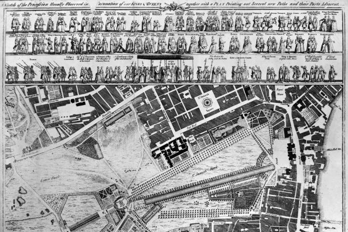 ffdp41 penobatan george iii, 1761 ntop prosesi penobatan raja george iii dan ratu charlotte dari inggris peta bawah rute prosesi melalui ukiran garis inggris london, c1761