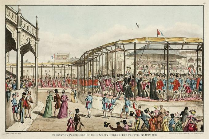 inggris raya 04 maret lukisan berwarna oleh william heath setelah gambar aslinya, menunjukkan prosesi penobatan dalam perjalanan ke biara westminster di london bersama charles greens 1785 1870 balon di kejauhan george iv 1762 1830 dinobatkan sebagai raja Inggris pada tanggal 21 Juli 1821 penobatannya merupakan acara mewah dan pakaian raja saja berharga £24,000 yang ia kenakan adalah pakaian Spanyol topi dengan bulu burung unta dan jubah beludrunya lengkap dengan hiasan cerpelai dan kereta sepanjang 27 kaki. Mahkota penobatannya dihiasi dengan lebih dari 12.000 berlian, termasuk harapan berlian prosesi menuju biara westminster berlangsung di atas tenda terangkat yang ditutupi kain biru diterbitkan 19 Juli 1823 oleh richard holmes laurie dari 53 Fleet Street, london foto oleh ssplgetty gambar-gambar