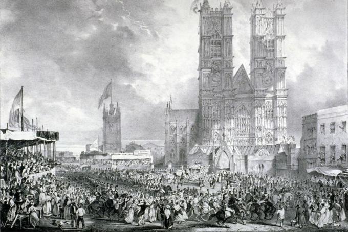 biara westminster, london, 1837 pemandangan depan barat biara westminster selama prosesi penobatan ratu victoria foto oleh perpustakaan guildhall galeri senigambar warisangambar getty