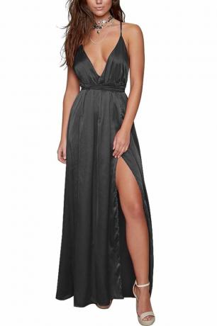 Gaun Koktail Maxi Kerah V-Leher Satin