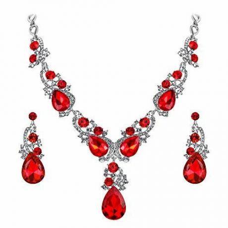 Kalung dan Anting Set Perhiasan Kristal Merah 